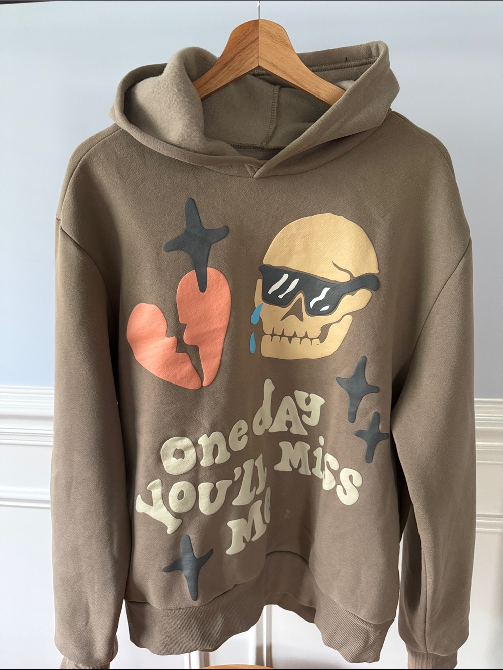 PacSun One Day You'll Miss Me Puff Print Hoodie M Medium Brown Skull Heart